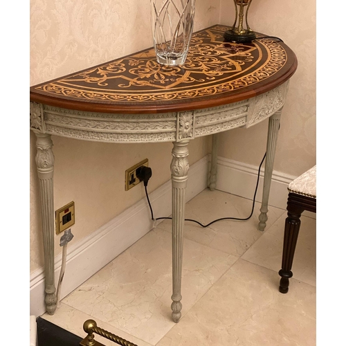 97 - Matching Pair of Demi-Lune Shaped Hall Tables, the marquetry style tops, over grey painted bases hav... 