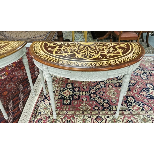 97 - Matching Pair of Demi-Lune Shaped Hall Tables, the marquetry style tops, over grey painted bases hav... 