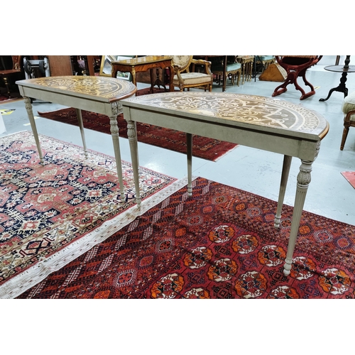 97 - Matching Pair of Demi-Lune Shaped Hall Tables, the marquetry style tops, over grey painted bases hav... 