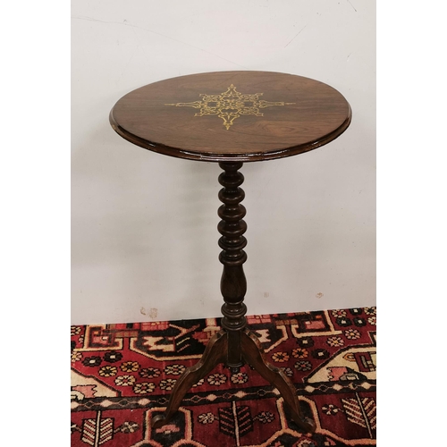 98 - Late 19thC Rosewood Occasional Table, varnished, with a circular marquetry inlaid top, turned pod, 3... 