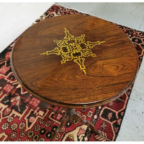 98 - Late 19thC Rosewood Occasional Table, varnished, with a circular marquetry inlaid top, turned pod, 3... 