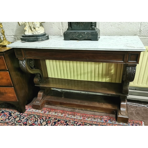 113 - 19thC Mahogany Console Table, the rectangular white marble top over a base with two stretcher shelve... 