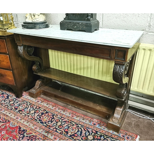 113 - 19thC Mahogany Console Table, the rectangular white marble top over a base with two stretcher shelve... 