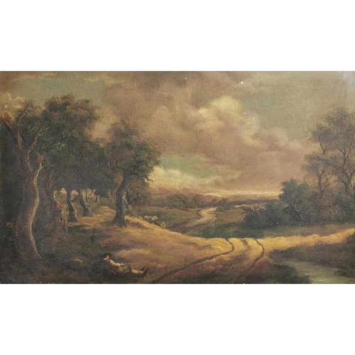 178 - 19thC Large Romantic Landscape  a figure of a young reclining man in a tree lined pasture with shee... 