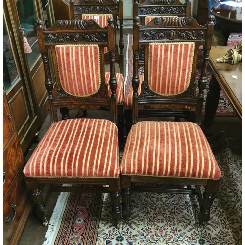 31 - Matching Set of Four Edw. Walnut Dining Chairs, upholstered in red/gold stripped velour, on turned f... 