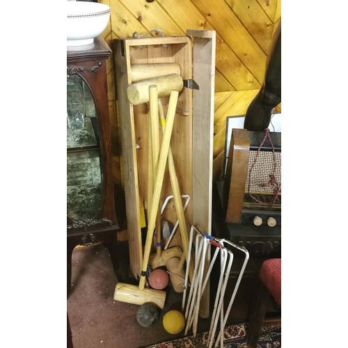 349 - Vintage Croquet Full Sized Set with 3 mallets, in a pine box