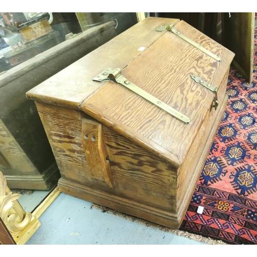 423 - Antique Pitch Pine Slope Front Chest, with large brass hinges and clasp, 1mW x 54cmD x 53cmH