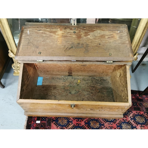 423 - Antique Pitch Pine Slope Front Chest, with large brass hinges and clasp, 1mW x 54cmD x 53cmH