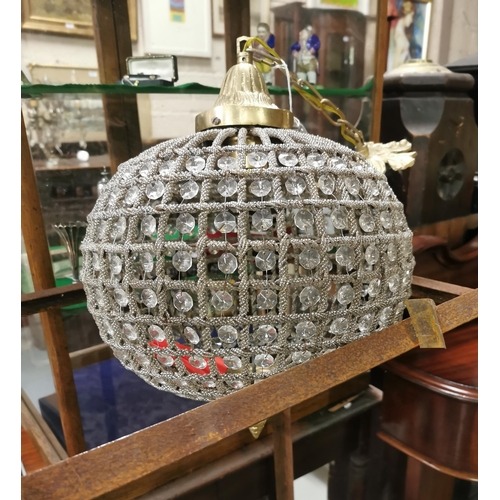 445 - Ball shaped ceiling light, with glass beads and wirework to the frame, 36cm dia