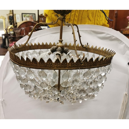 444 - Basket Shaped Glass Beaded Ceiling Light, brass frame, (4 el. Fittings) 41cm dia x 39cmH