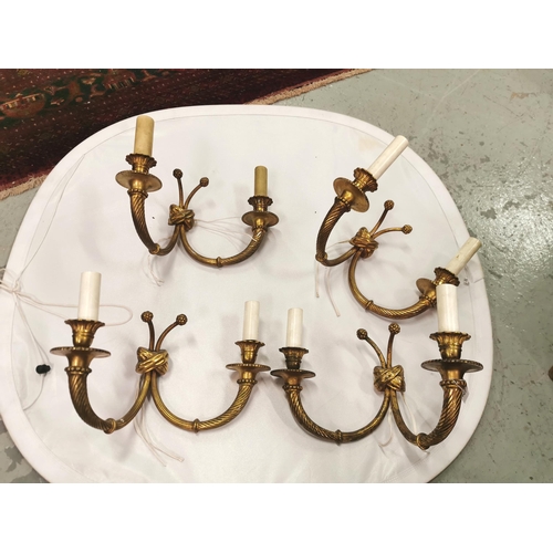 459 - Matching Set of 4 heavy gilt brass two-branch Wall Sconces, ribbon decorated, each 32cmW x 24cmH (ma... 