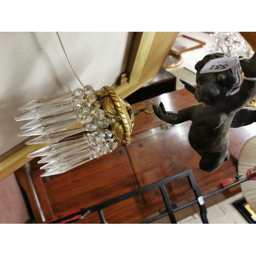 551 - Ceiling Lights  a matching pair of Bronzed Cherub supporting a brass framed pendant with glass drop... 