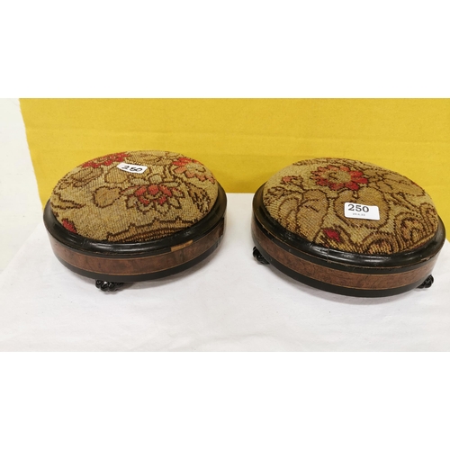 250 - Matching Pair of circular walnut framed Footstools, floral tapestry tops, on glass feet, 28cm dia