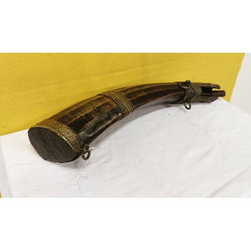 299 - Antique gun powder horn, with ornamental brass mounts, belt rings, ribbed sides (possibly Italian wo... 