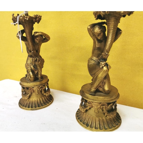 300 - Pair of 19thC Bronze Candle Sticks  Greek figures supporting rose branches, each 39cmH