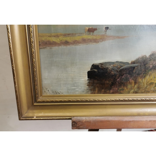 174 - HENRY ROBINSON HALL (1859-1927) Highland Cattle in a River Landscape, large 19thC oil on canvas, i... 