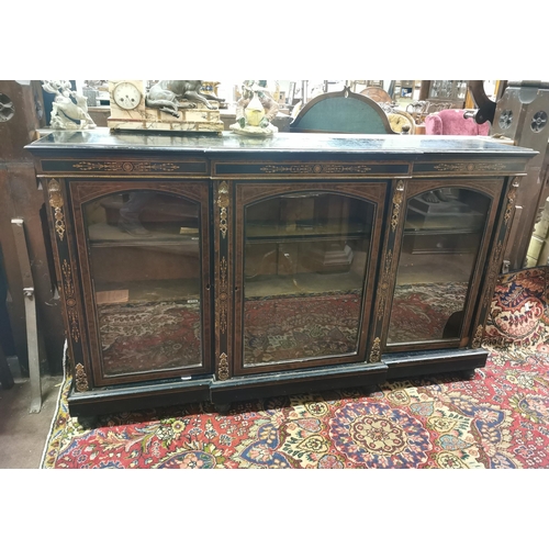 52 - Late 19thC long Ebonised Credenza, breakfront design, with walnut inlay, gilt mounts (for restoratio... 