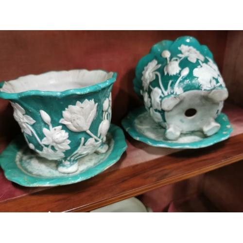 295 - Pair of Vic. Green pottery jardinières on bases (20cm dia), white flowers, English jardiniere (roses... 