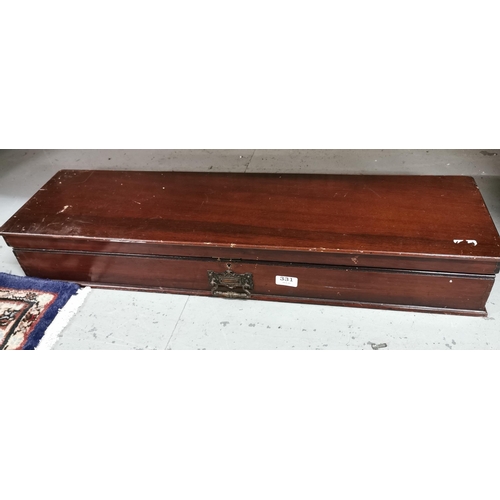 331 - Rectangular mahogany clerks box, hinged lid, with rulers, notebooks inside, 24cmW x 13cmH