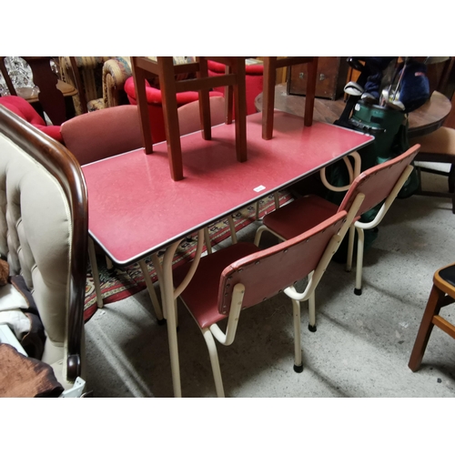 610 - Red formica topped Kitchen table on steel legs,1.21L x 62cmW with set of 4 matching chairs,