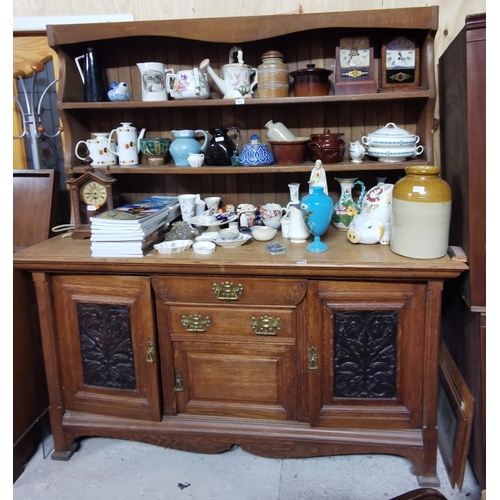 611 - Large Oak Dresser, shelved back over 3 carved cupboard doors, 1.9mW x 2mH