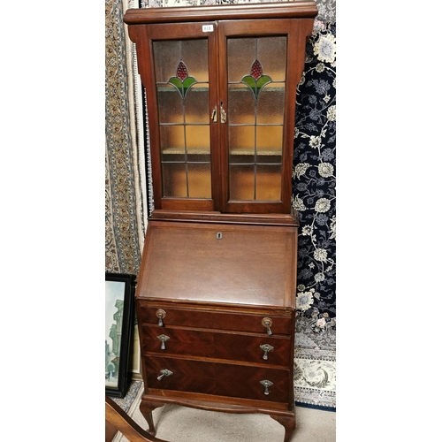 615 - Art Deco Bureau Bookcase, compact size, 2 obscured glass panels with floral detail over a fall front... 