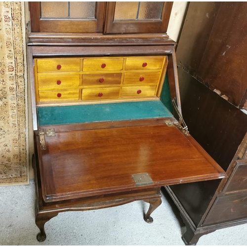 615 - Art Deco Bureau Bookcase, compact size, 2 obscured glass panels with floral detail over a fall front... 