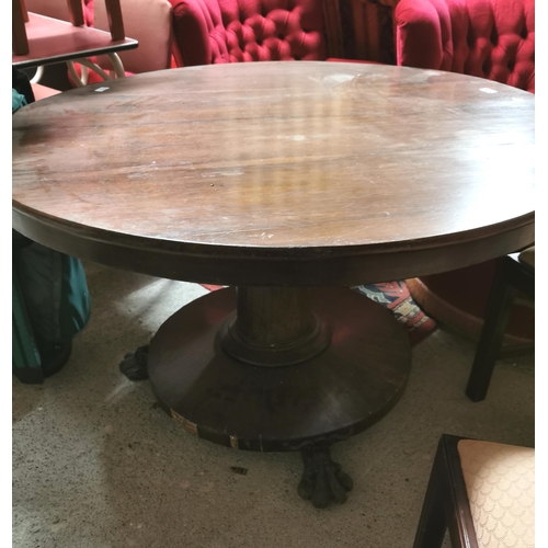 608 - WMIV Rosewood Veneer Circular Centre/ Dining Table on a pod base with claw feet, 120cm dia