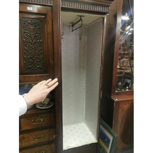 133 - Large Walnut Compactum Wardrobe with two mirrored doors enclosing hanging robes, 5 central drawers a... 