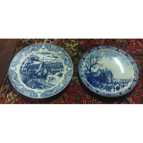 254 - 2 large Vintage Dutch delft style blue and white Plates 38cm dia  boating scene & skating in Winter... 