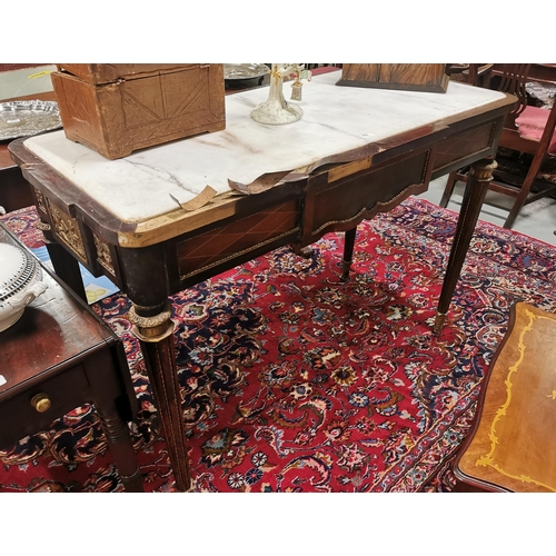 79 - Tall white marble topped and rectangular shaped French Centre Table, on turned legs (some damage to ... 