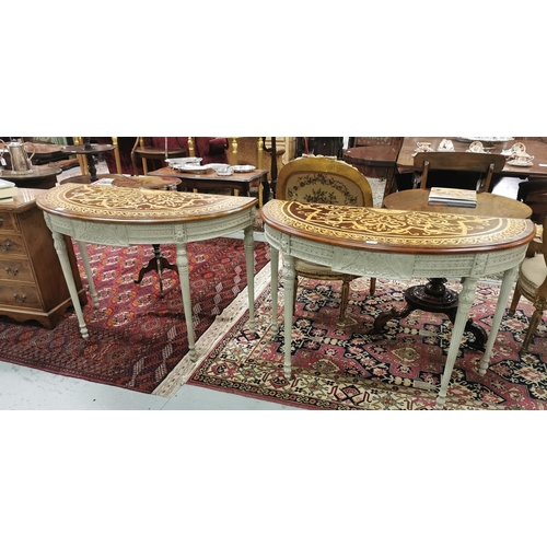 97 - Matching Pair of Demi-Lune Shaped Hall Tables, the marquetry style tops, over grey painted bases hav... 