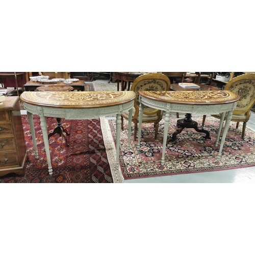 97 - Matching Pair of Demi-Lune Shaped Hall Tables, the marquetry style tops, over grey painted bases hav... 