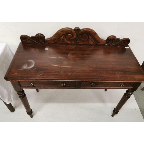 108 - Mahogany Side Table with rear shaped gallery, on 4 turned legs, two apron drawers, brass circular ha... 