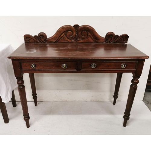 108 - Mahogany Side Table with rear shaped gallery, on 4 turned legs, two apron drawers, brass circular ha... 