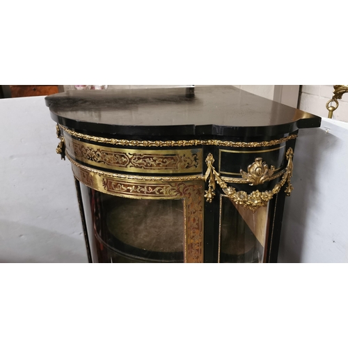 119 - Early 20thC Ebonised Boulle Corner Cabinet with gilt mounts - a bowed glass single door with two bow... 