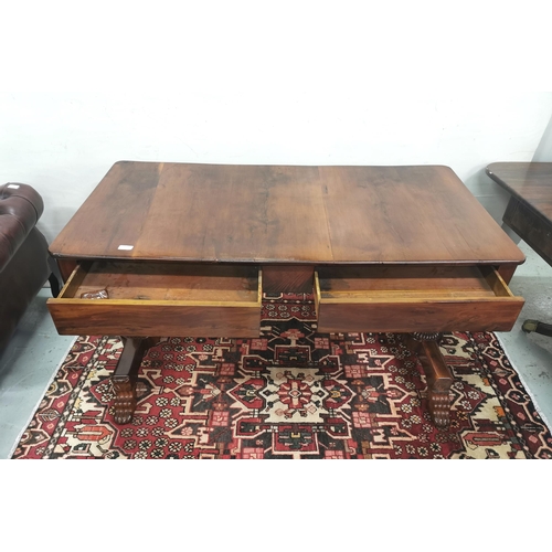 125 - 19thC Sofa Table, on reeded trestle supports with 4 paw feet, two apron drawers (varnished pitch pin... 