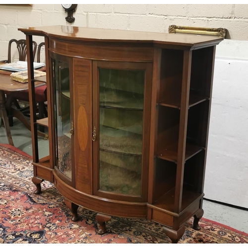 129 - Edw. Inlaid Mahogany Display Cabinet, with two bowed glass doors between two open 2 tier shelves on ... 