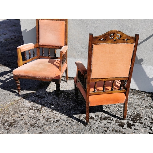 13 - Matching Pair of Edw Oak Framed Armchairs, covered with pink velour fabric, turned front legs (2)