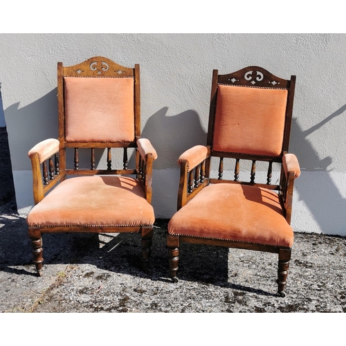 13 - Matching Pair of Edw Oak Framed Armchairs, covered with pink velour fabric, turned front legs (2)