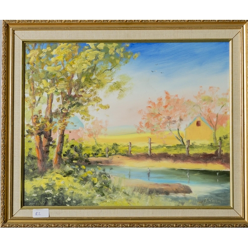 145 - Irish School, Oil on Canvas, River Scene near blossom trees, in a gilt frame, 60cmW x 50cmH