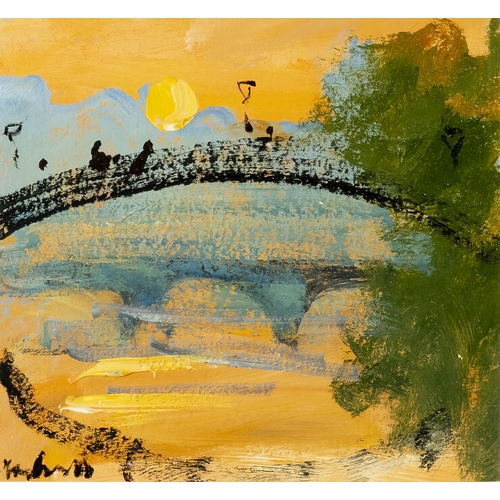 147 - MARIE CARROLL Hapenny Bridge at sun-down, 25cmH x 26cm, in a contemporary white frame