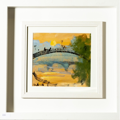 147 - MARIE CARROLL Hapenny Bridge at sun-down, 25cmH x 26cm, in a contemporary white frame