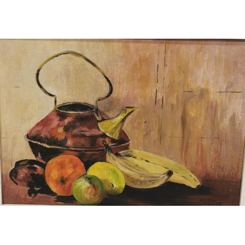 148 - Irish School - EILEEN HOWARD, Still Life  copper kettle with mixed fruit, oil on board. 35cmH x 46c... 