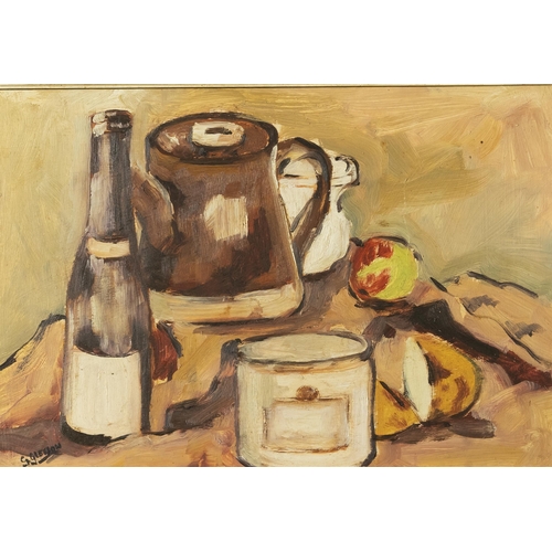 149 - GEORGIAN GLEESON (Limerick), Still Life  table top  teapot, wine bottle, in an oak frame, 57x 51cm