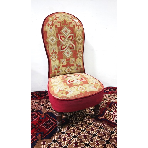 15 - Victorian Nursing Chair, covered with needlepoint seat and back, wine velvet borders, turned front l... 