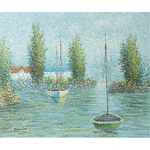 157 - DONALD  Impressionist style  sail boats at river edge, oil on canvas, moulded cream and green fram... 