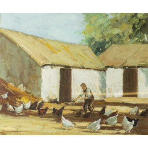 163 - LIAM KELLY, Oil on board, Feeding The Chickens (in the West of Ireland), 70cmH x 80cmW