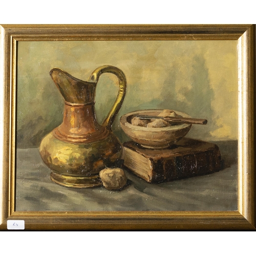 167 - Irish School, Oil on Canvas, Still Life Table Top, Copper Jug and book, in a gold frame, 47cmH x 59c... 