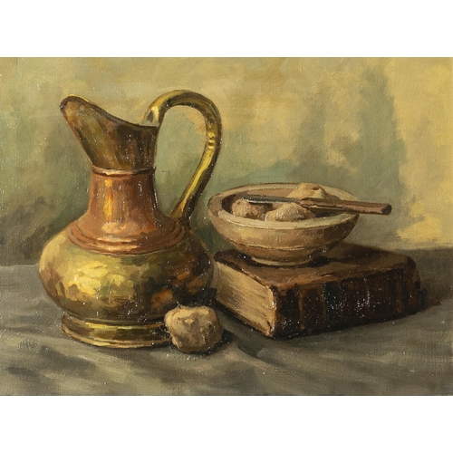 167 - Irish School, Oil on Canvas, Still Life Table Top, Copper Jug and book, in a gold frame, 47cmH x 59c... 